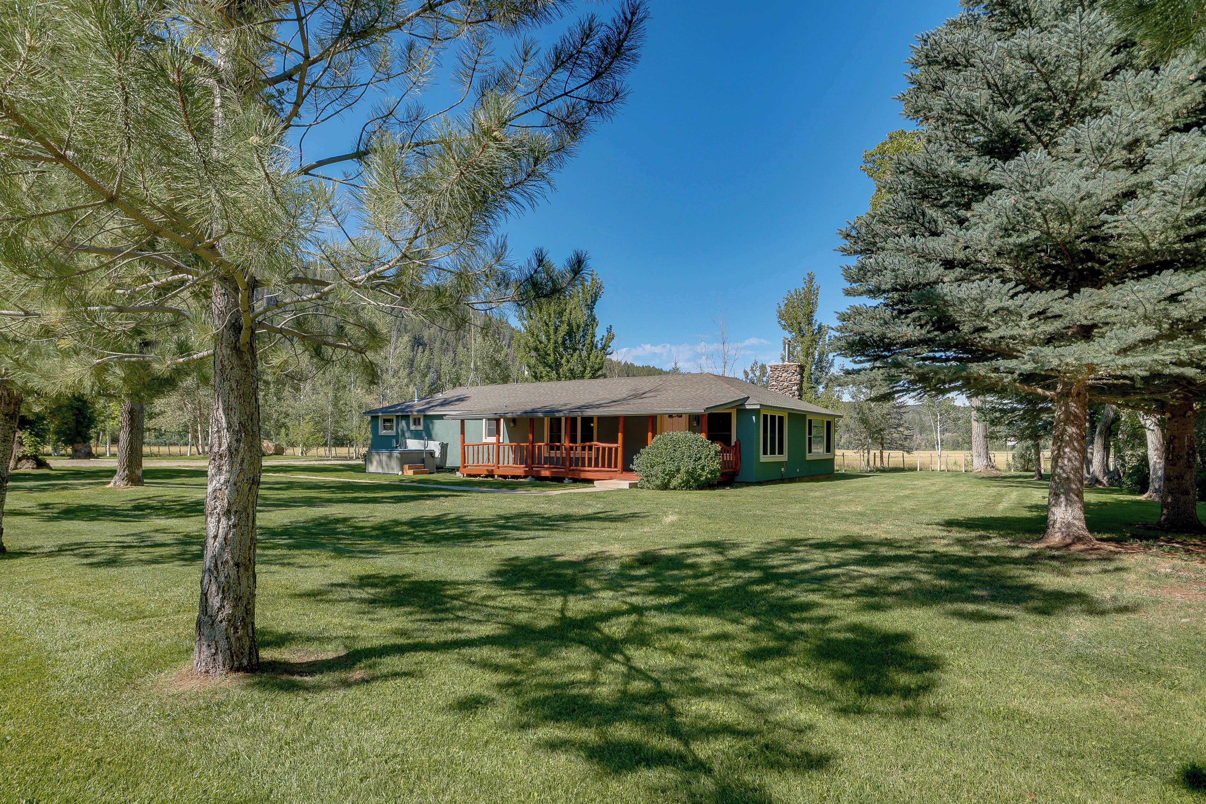 A house with a porch, surrounded by trees and a well-maintained lawn.