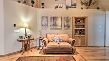 TV, fireplace, books
