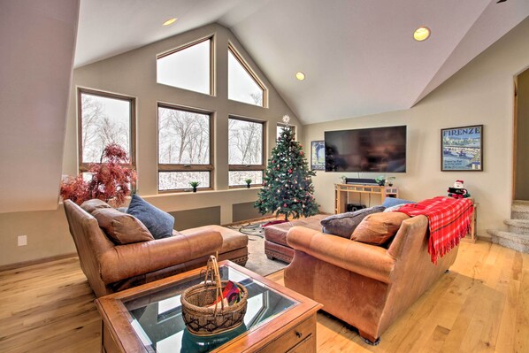 TV, fireplace, books