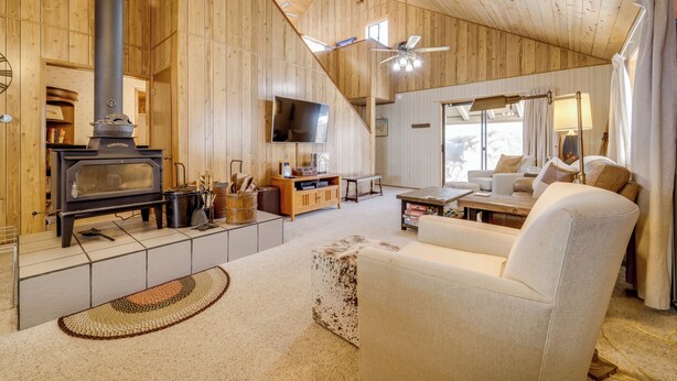 Ein gemütliches Wohnzimmer mit Kamin, Holzwänden, einer Couch und einem Fernseher.