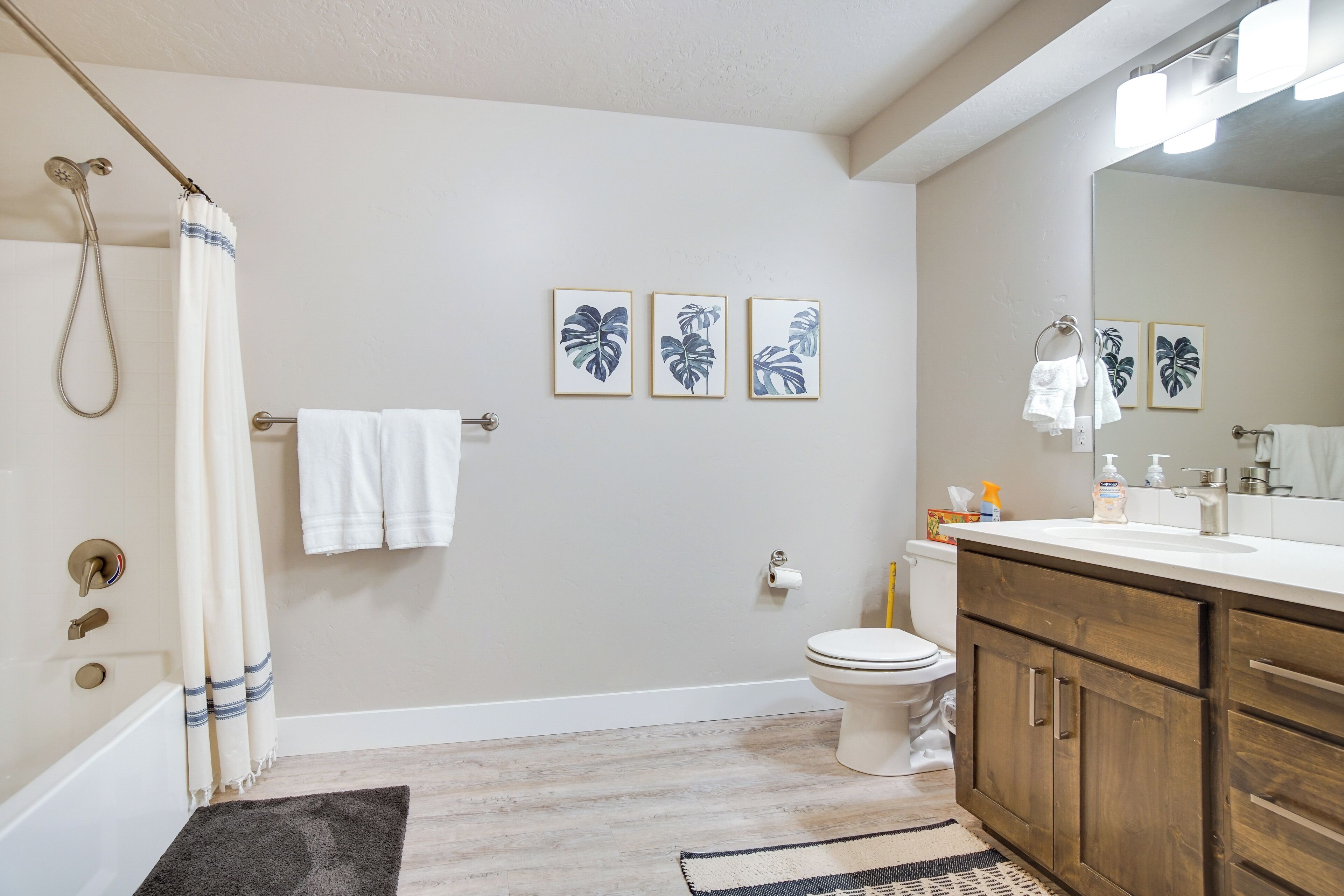 A bathroom with a bathtub, toilet, and vanity with a mirror. There are three framed pictures on the wall and a towel rack with towels.