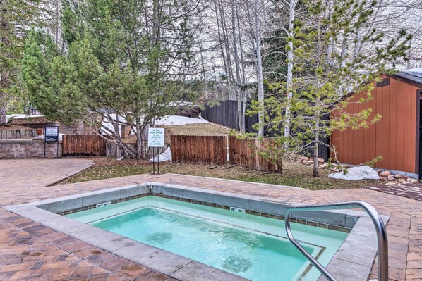 Una piscina rectangular con borde de piedra, rodeada por una valla de madera y árboles.