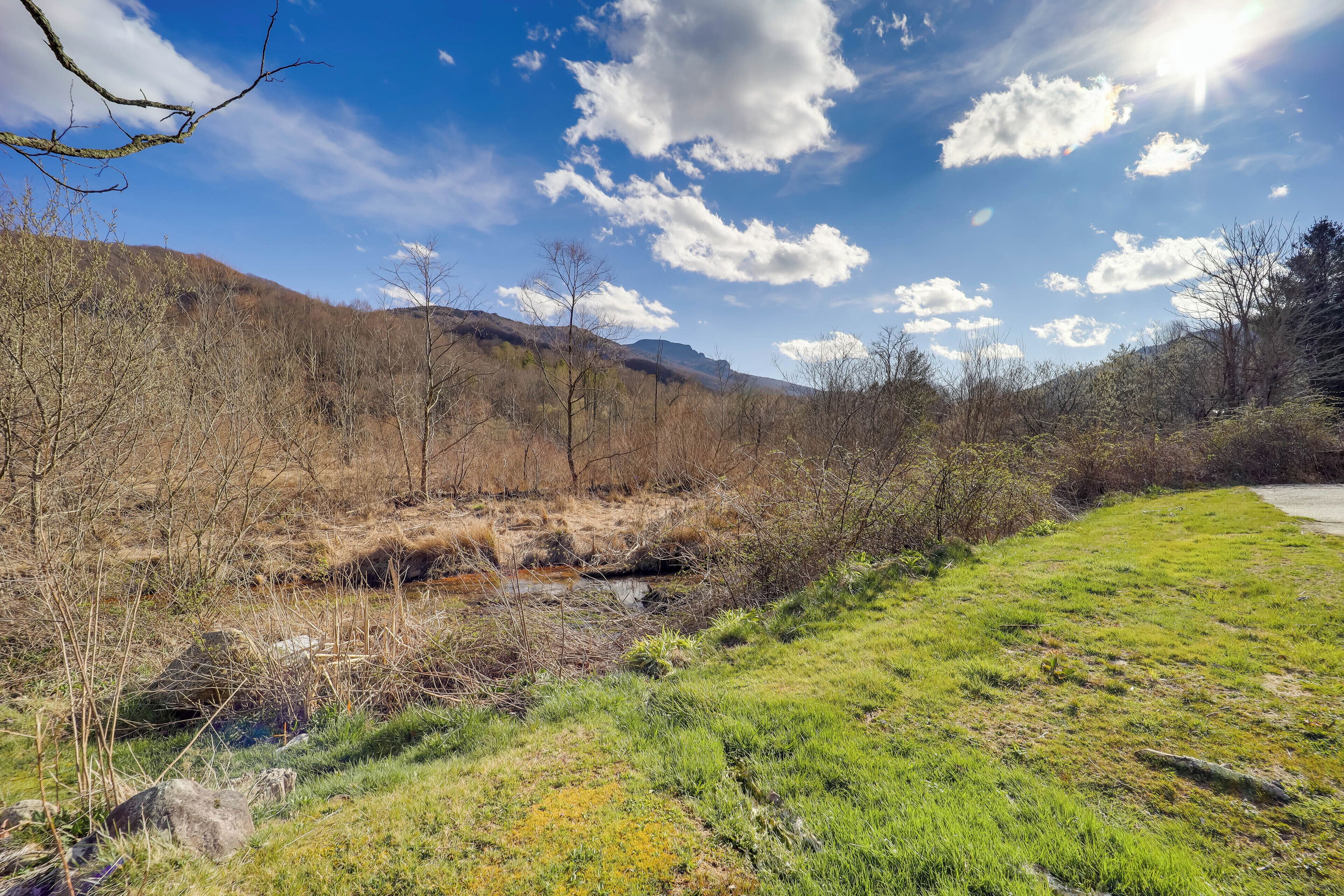 A natural landscape with a grassy area, a small stream, and hills in the background.