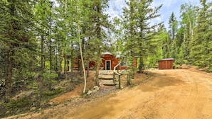 A cabin surrounded by dense forest with a dirt path leading to it. - 'bobcat Trail Cabin' on 3 Acres in Como! (Como)