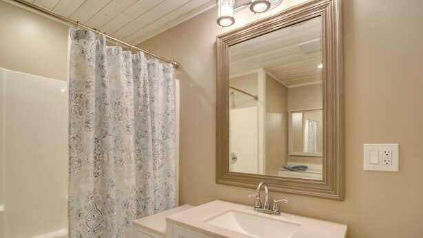 A bathroom with a shower curtain, a sink, a mirror, and a light switch. - Cozy Apartment w/ Outdoor Entertaining Space! (Petoskey)