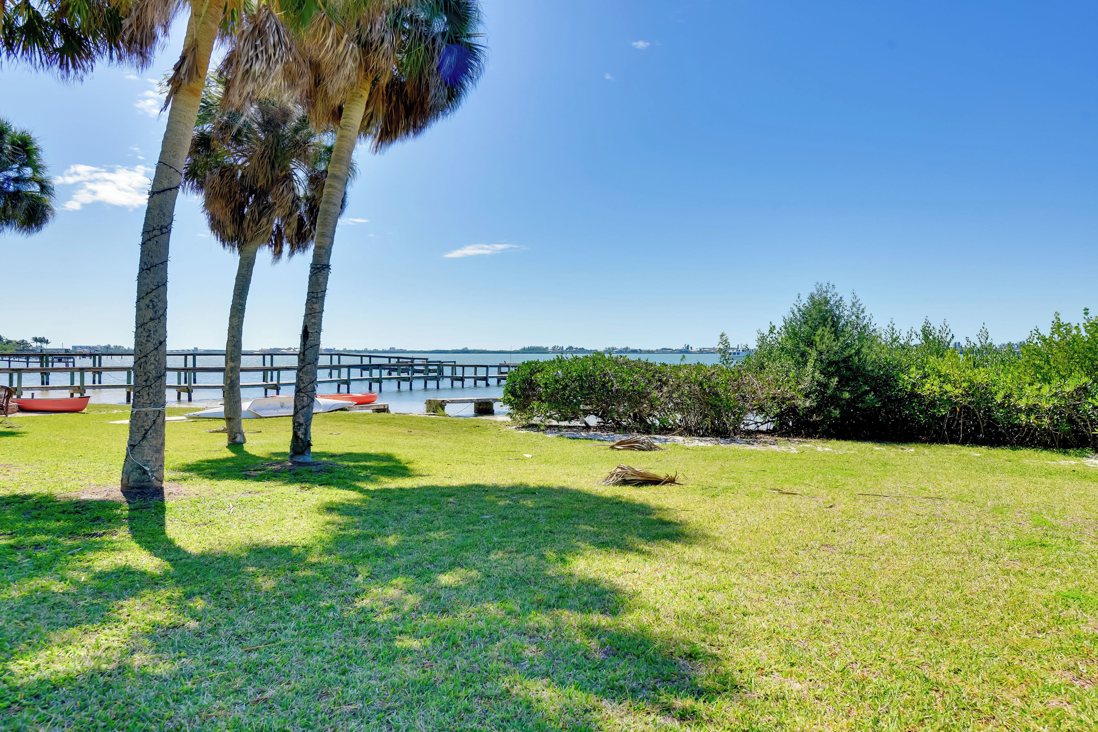 A grassy area with palm trees, a dock, and a view of the water.