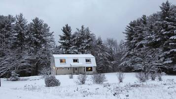 Una casa de dos pisos con un paisaje nevado, rodeada de árboles de hoja perenne.