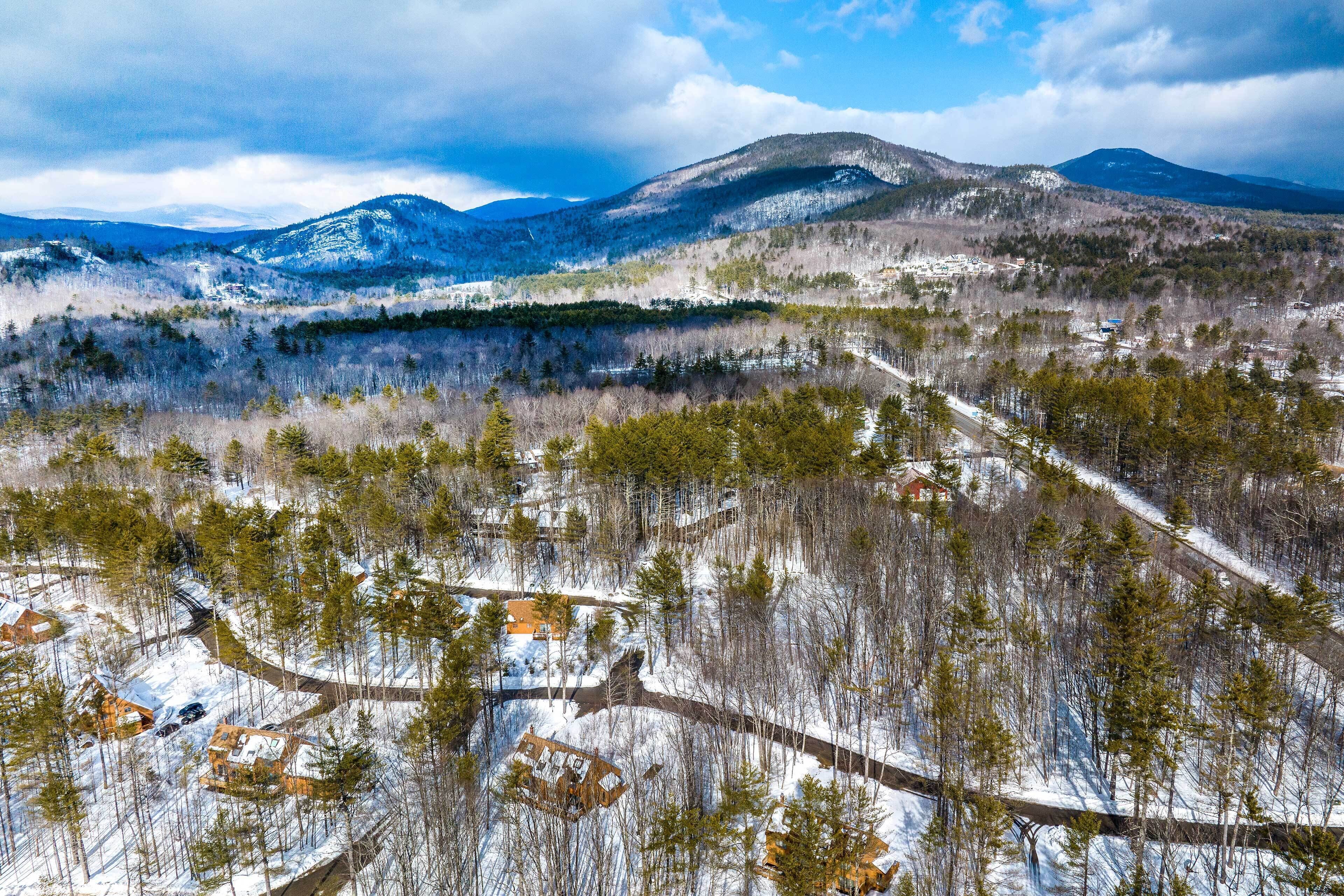 A mountainous landscape with a snow-covered area, scattered trees, and a few buildings.