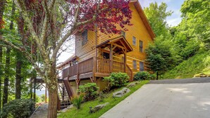 A wooden cabin with a porch, surrounded by lush greenery and a stone pathway. - Smoky Mountain Vacation Rental w/ Large Deck! (Deep Gap)