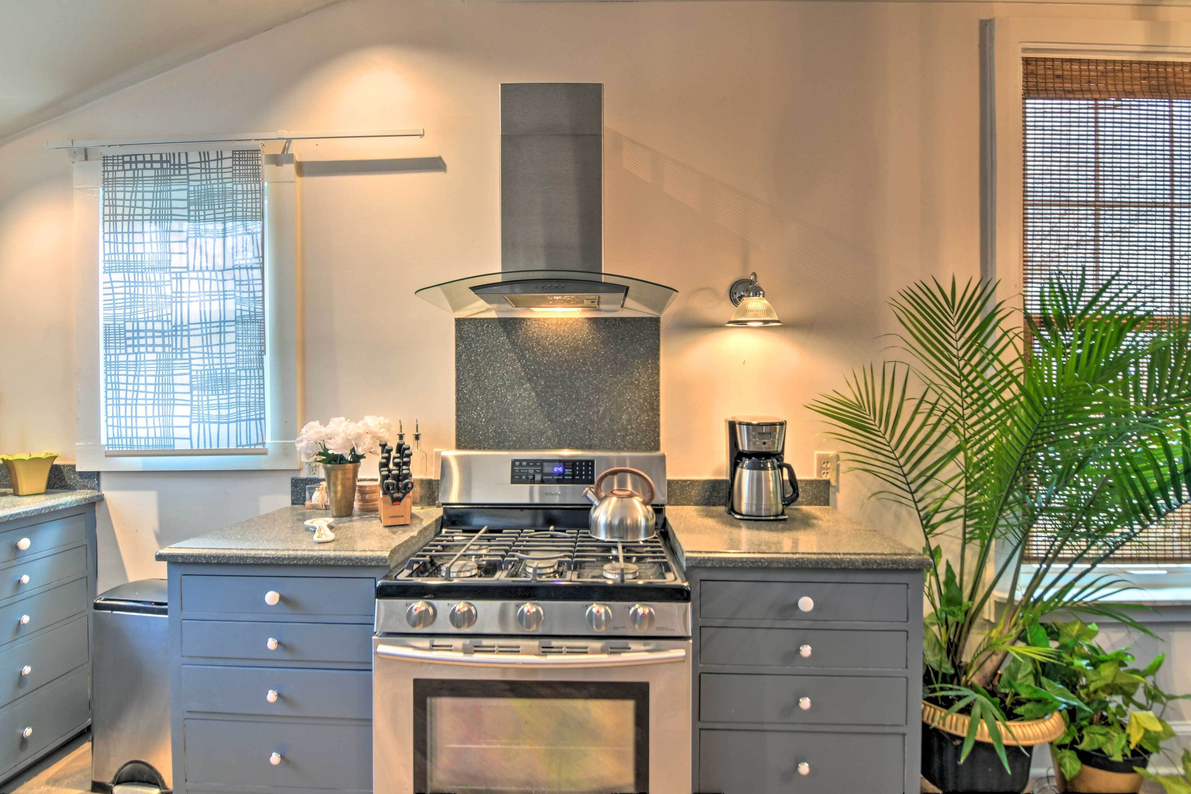 A modern kitchen with a gas stove, oven, and stainless steel appliances. There is a window with a view of the outside, and a potted plant on the counter.