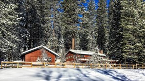 A wooden cabin with a snow-covered roof, surrounded by tall evergreen trees. - Furnished Deck & Nat'l Forest Views: Arnold Cabin (Arnold)