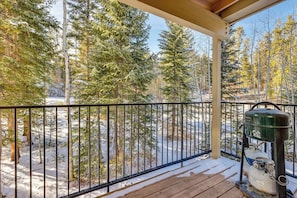 Eine Holzdielen-Terrasse mit Metallgeländer, mit Blick auf einen verschneiten Wald.