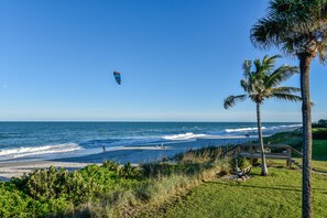 On the beach, sun-loungers, beach towels