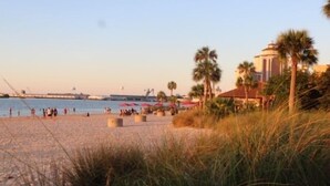 Une plage bordée de palmiers, une étendue d’eau et, au loin, un bâtiment surmonté d’une coupole.