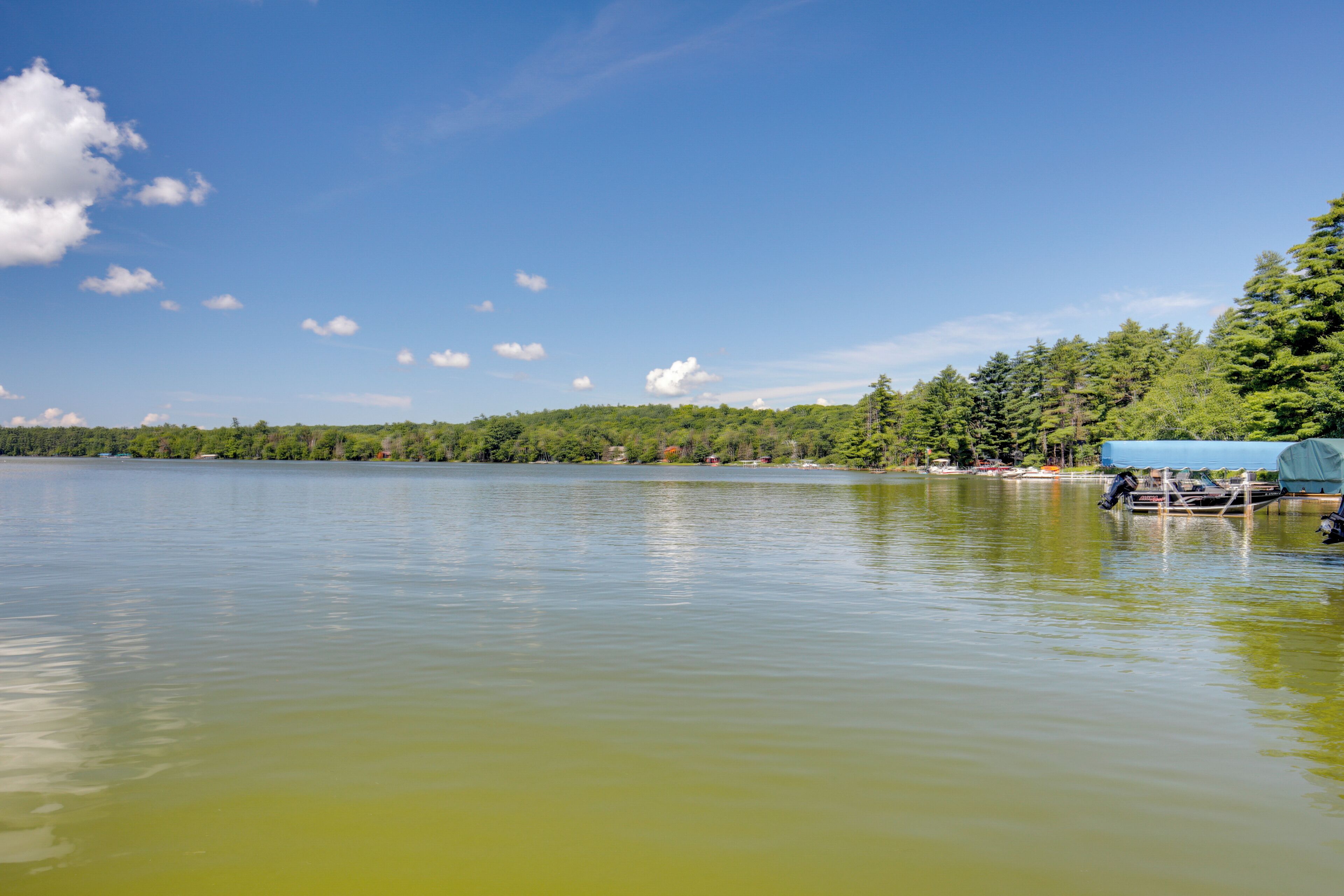 Un lago tranquilo con un barco amarrado a la derecha, rodeado de árboles verdes y un cielo azul despejado.