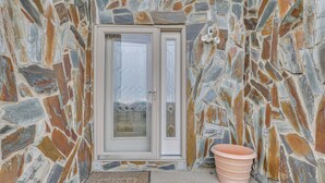 Una habitación con paredes de piedra, una puerta, una planta en maceta y un felpudo.