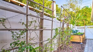 A garden with a wooden trellis, a wooden planter box, and a paved pathway. - Bright St Petersburg Home w/ Pergola & Garden (St. Petersburg)