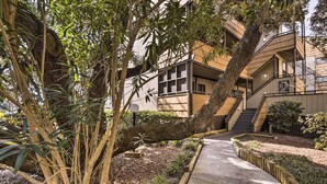 A building with a modern architectural design, featuring a concrete pathway, a large tree, and a well-maintained garden area. - Walk to Ocean: Unit w/ Balconies in Myrtle Beach! (Myrtle Beach)