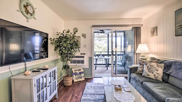 A living room with a flat-screen TV, a large plant, a sofa with patterned cushions, and a glass door leading outside. - Walk to Ocean: Unit w/ Balconies in Myrtle Beach! (Myrtle Beach)