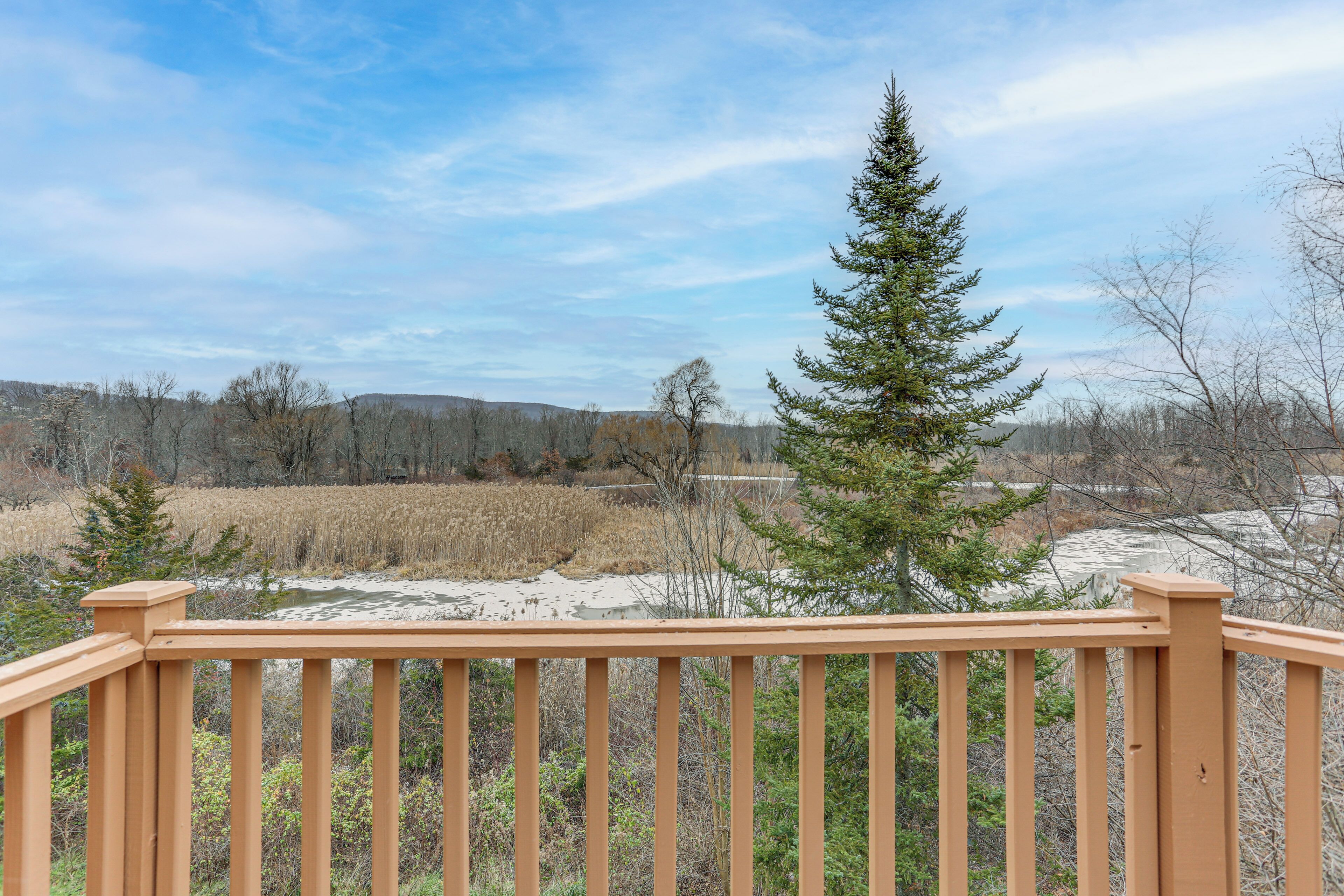 A wooden deck overlooking a natural landscape with trees and a river.