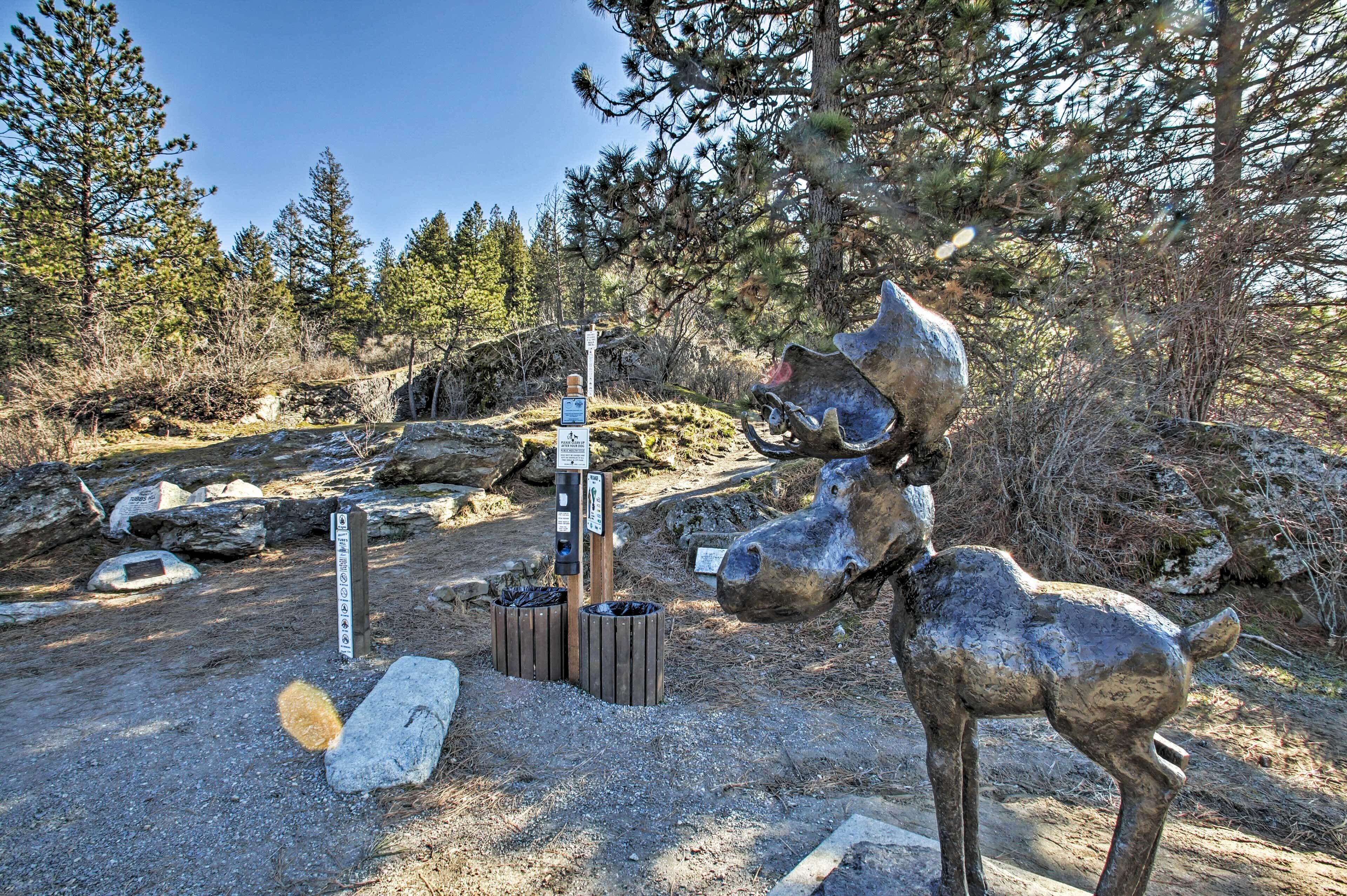 A sculpture of a moose in a natural setting with a trail sign and trash bins.