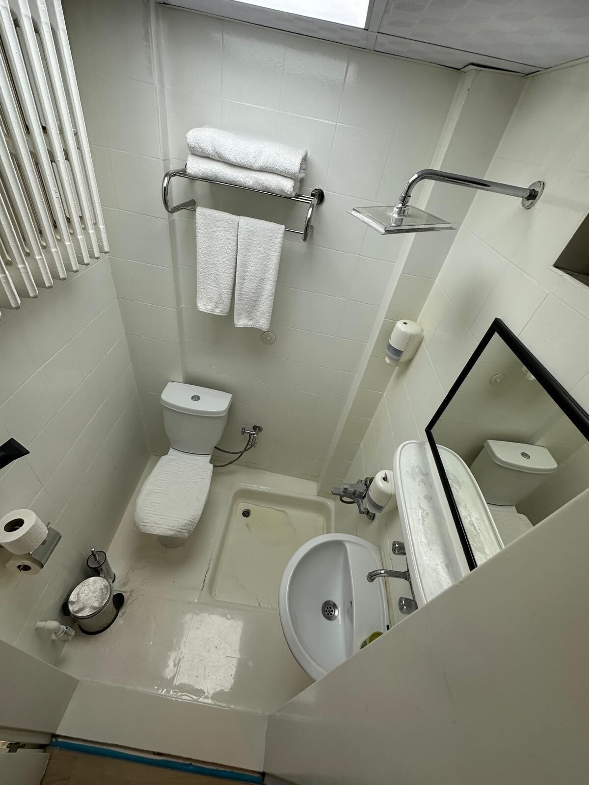 Un baño con inodoro, bidé, lavamanos y espejo.