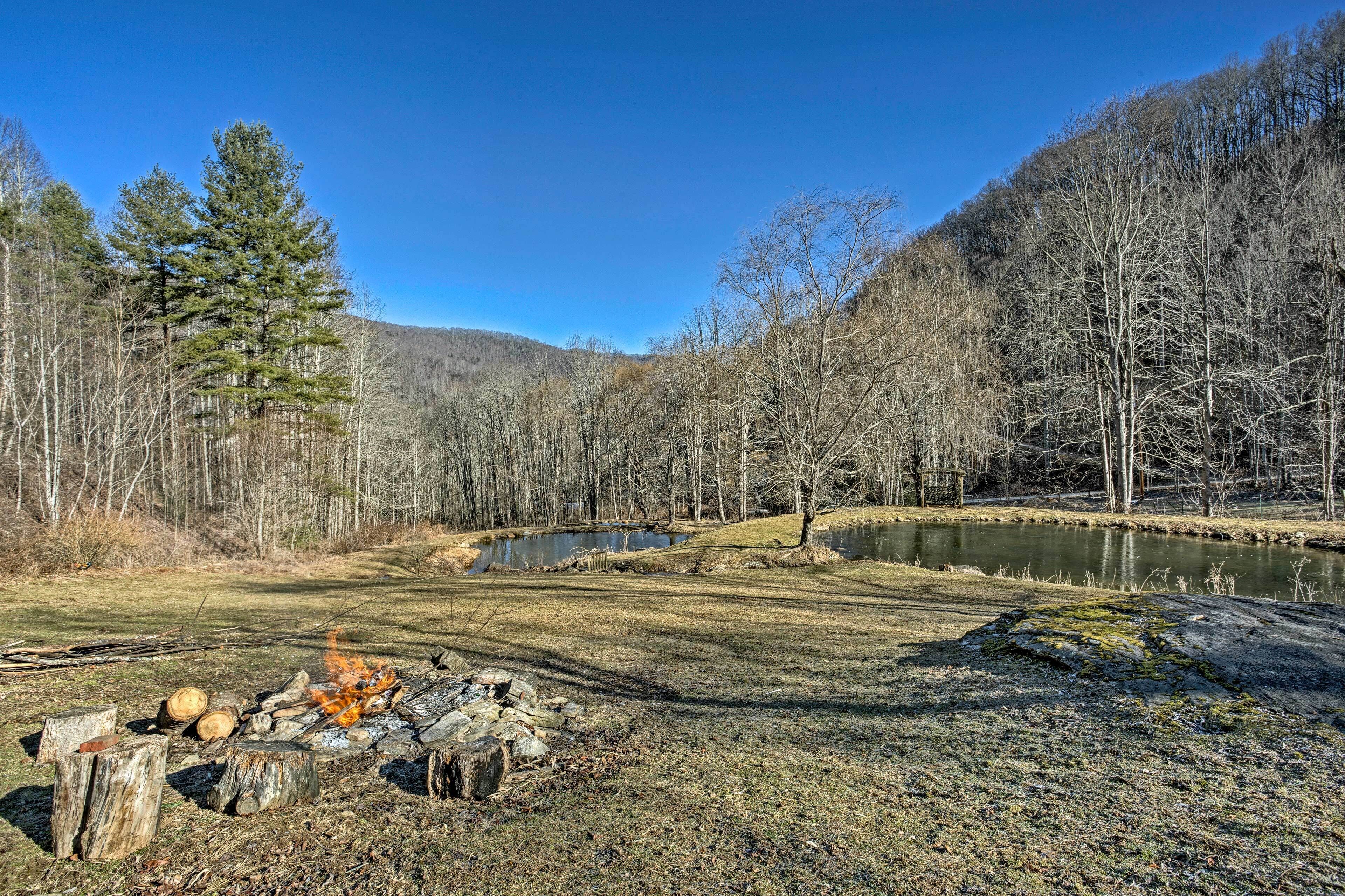 Un terrain de camping avec un foyer entouré d’arbres et situé près d’un lac.