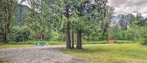 A forested area with a gravel path, a small wooden structure, and two blue chairs.