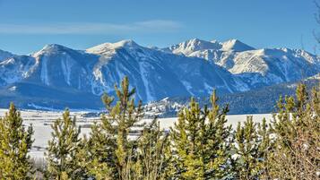 Un paisaje montañoso con picos nevados y un primer plano de árboles de hoja perenne.