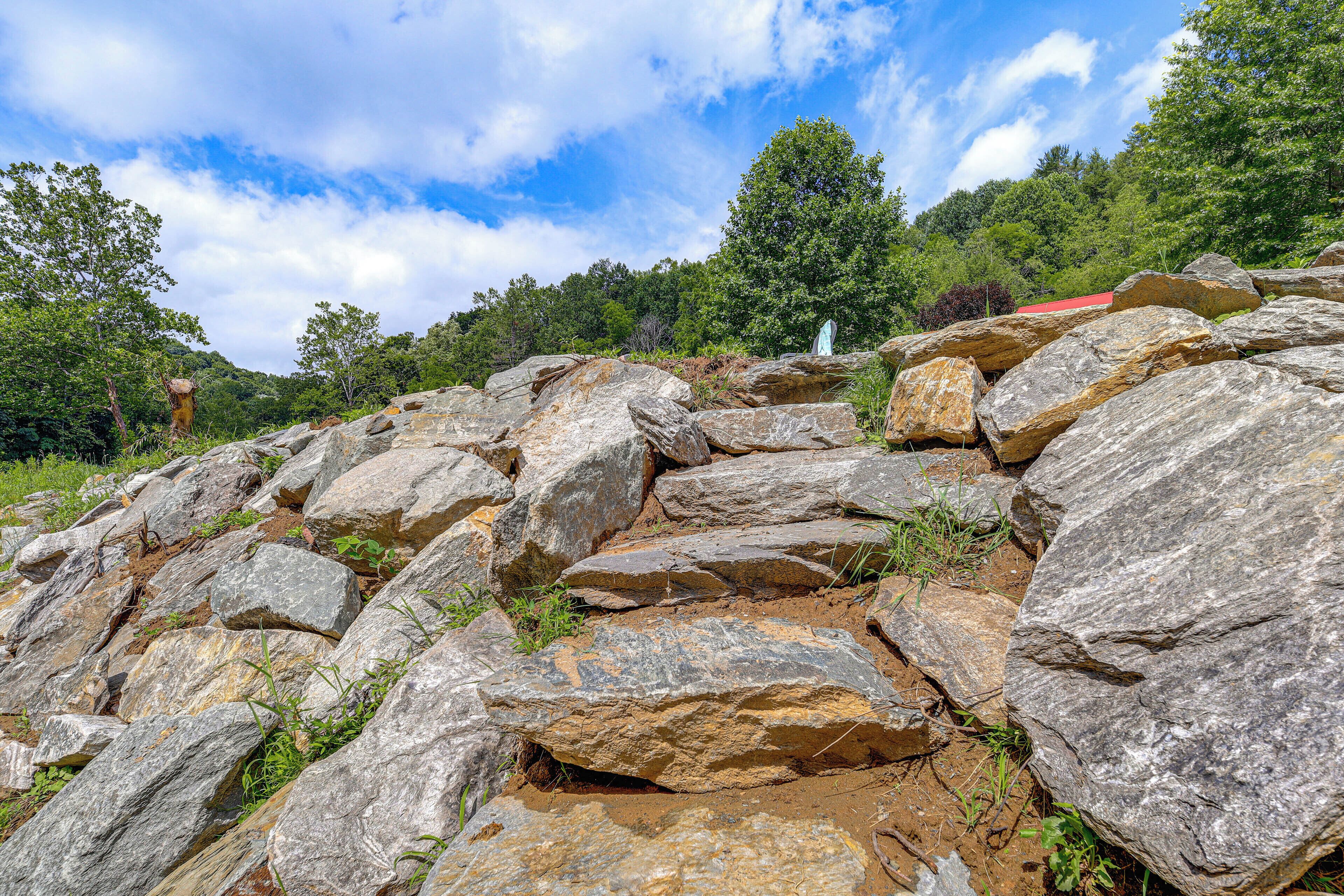 Terreno rocoso con grandes rocas y vegetación escasa.