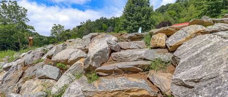 Terreno rocoso con grandes rocas y vegetación escasa.