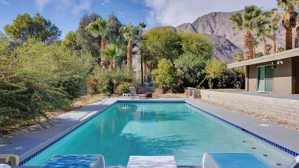 A rectangular swimming pool with blue tiles, surrounded by a patio area with lounge chairs and a small table. There are palm trees and other greenery in the background, and a mountain range is visible in the distance. - Borrego Springs Retreat w/ Pool & Mtn Views (Borrego Springs)