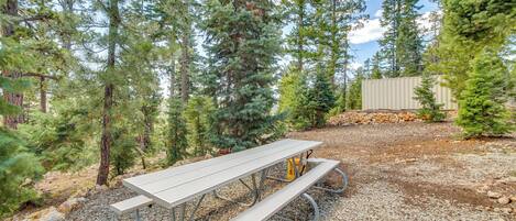 A picnic table in a forested area with a gravel ground.