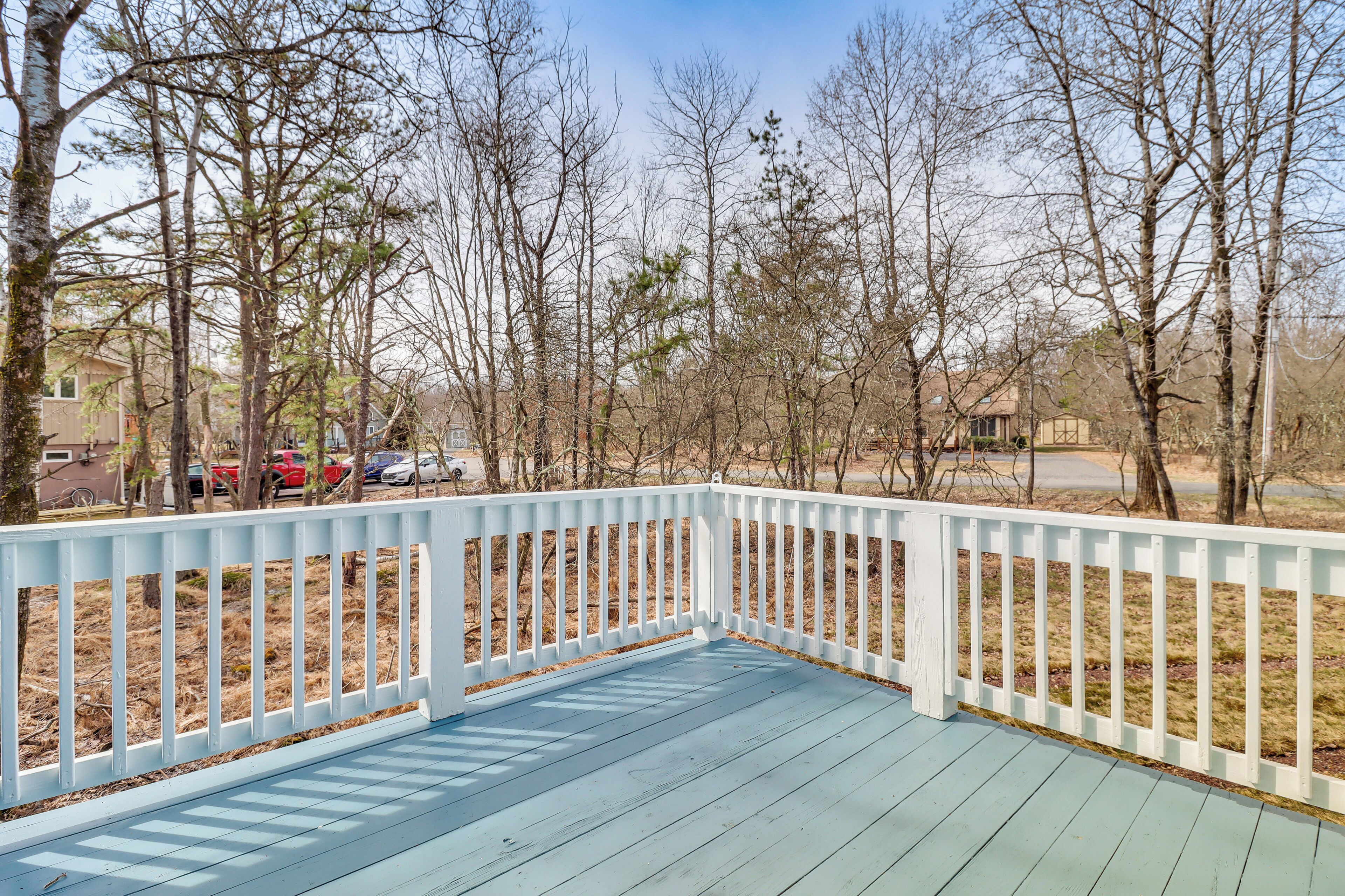 A wooden deck with a white railing, surrounded by leafless trees and a clear sky.