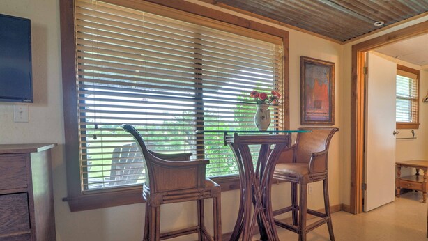 A dining area with two wooden chairs, a glass table, and a vase with flowers. - Delightful Carmine Studio on Rocking Horse Farm! (Carmine)