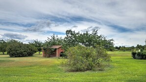 A grassy field with a small red building, surrounded by trees and bushes. - Delightful Carmine Studio on Rocking Horse Farm! (Carmine)