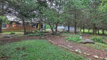 A wooded area with a wooden deck, a small building, and a pond.