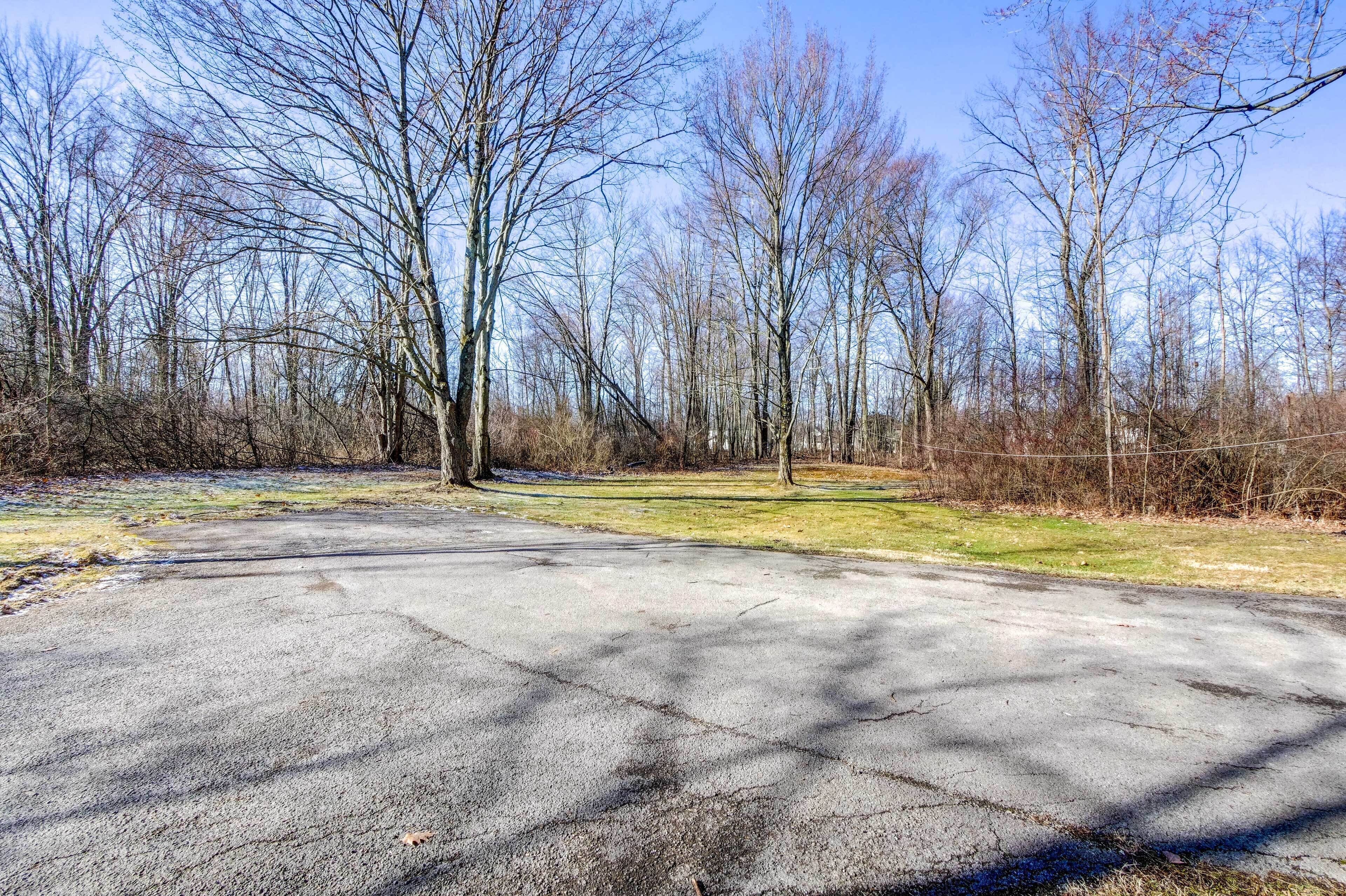 Ein gepflasterter Parkplatz mit Bäumen und einem grünen Feld im Hintergrund.
