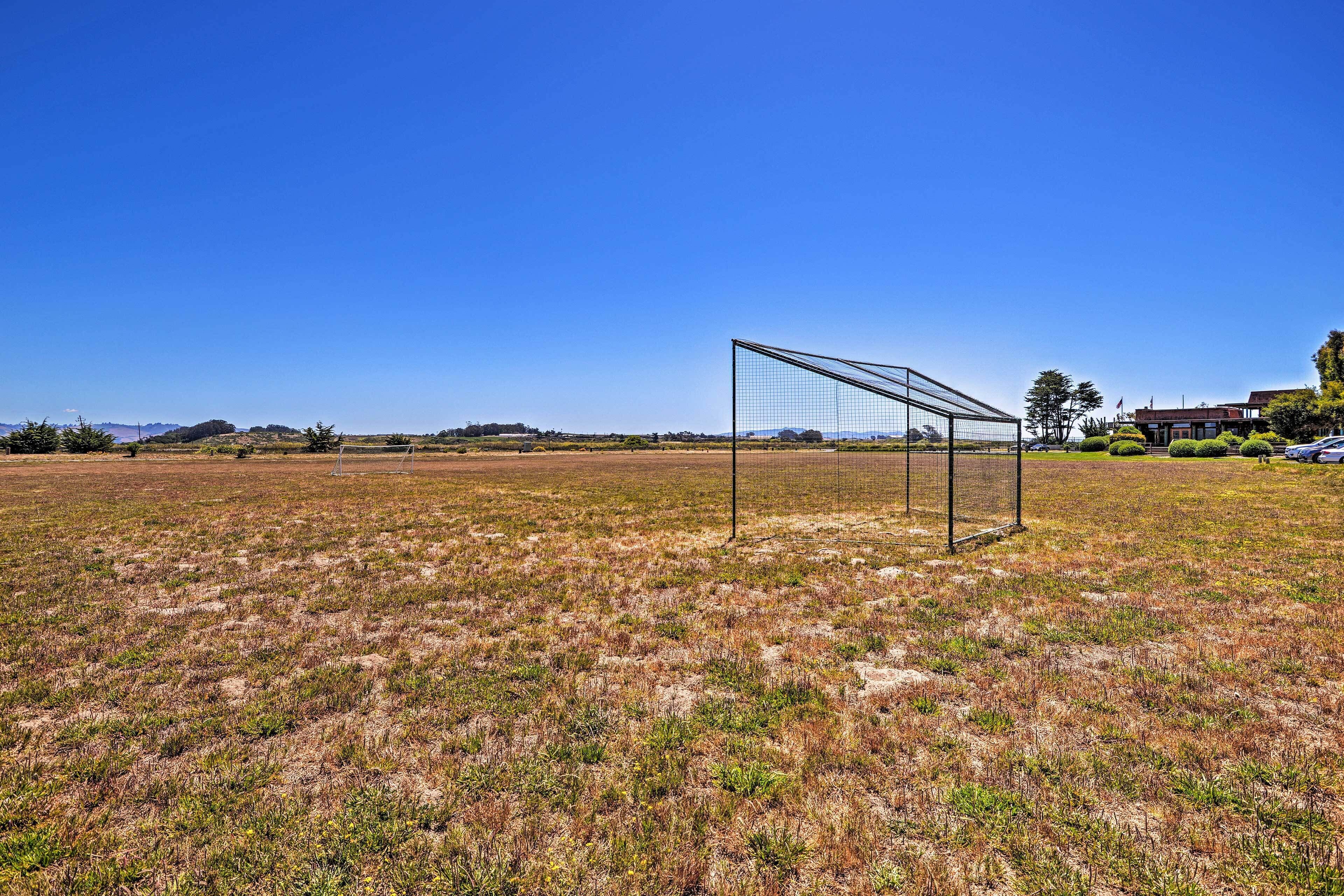 Ein Fußballfeld mit einem Tor in der Mitte, umgeben von trockenem Gras und blauem Himmel.