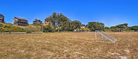 A grassy field with a soccer goal, surrounded by trees and buildings.
