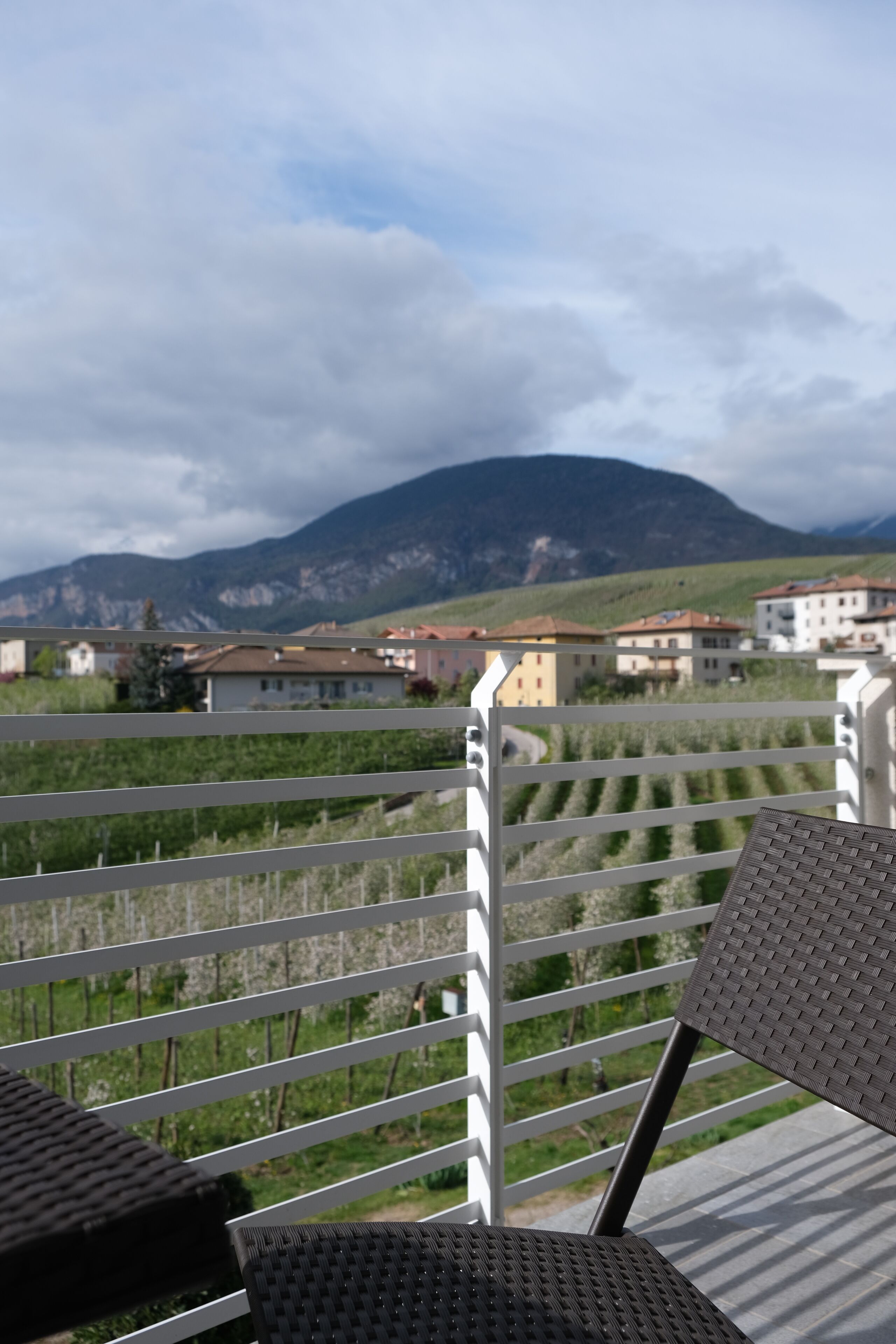 En balkong med utsikt över en vingård och hus i bakgrunden.