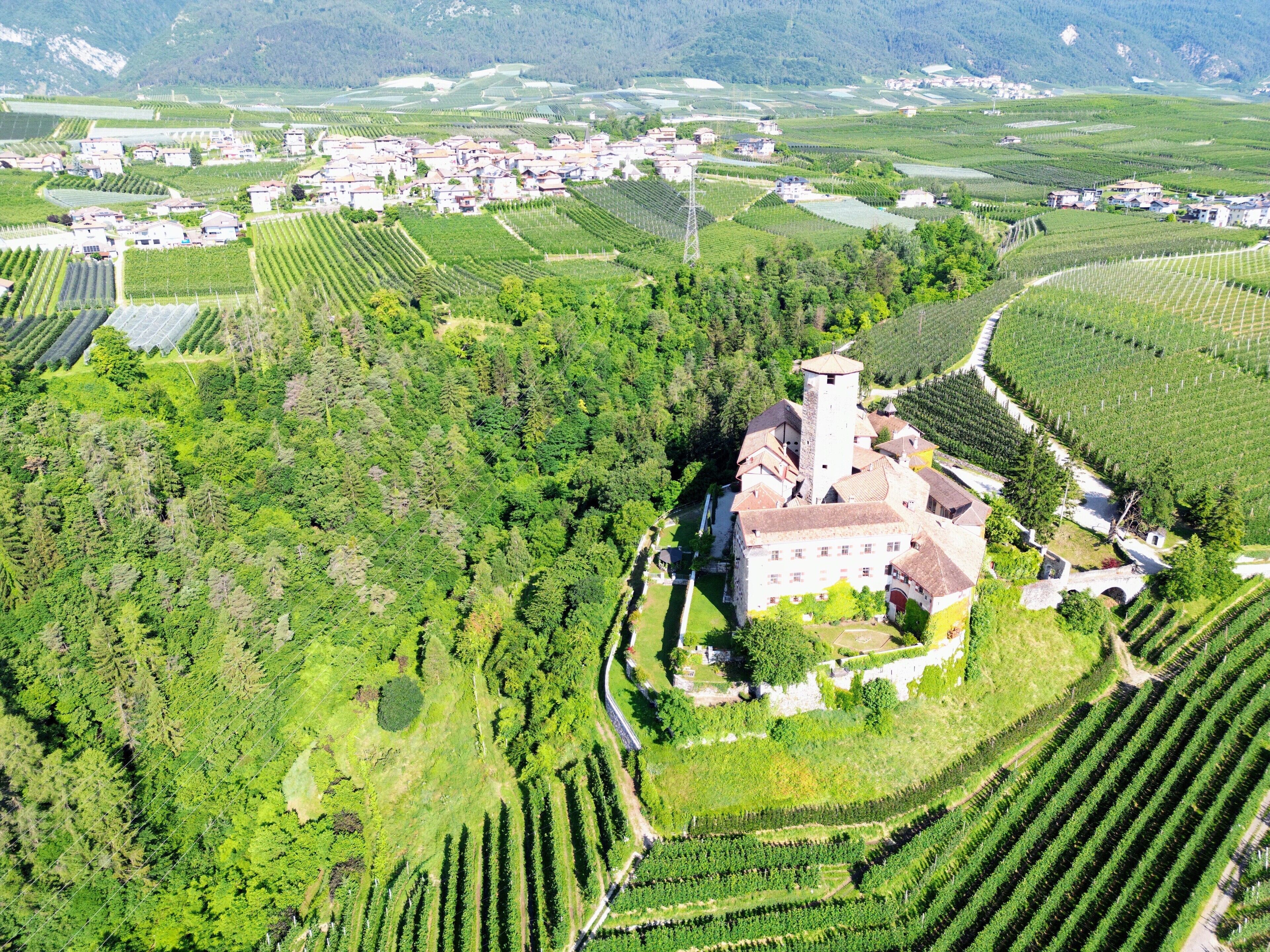 Vista aérea de un edificio histórico rodeado de viñedos, con campos en terrazas y un pequeño pueblo al fondo.