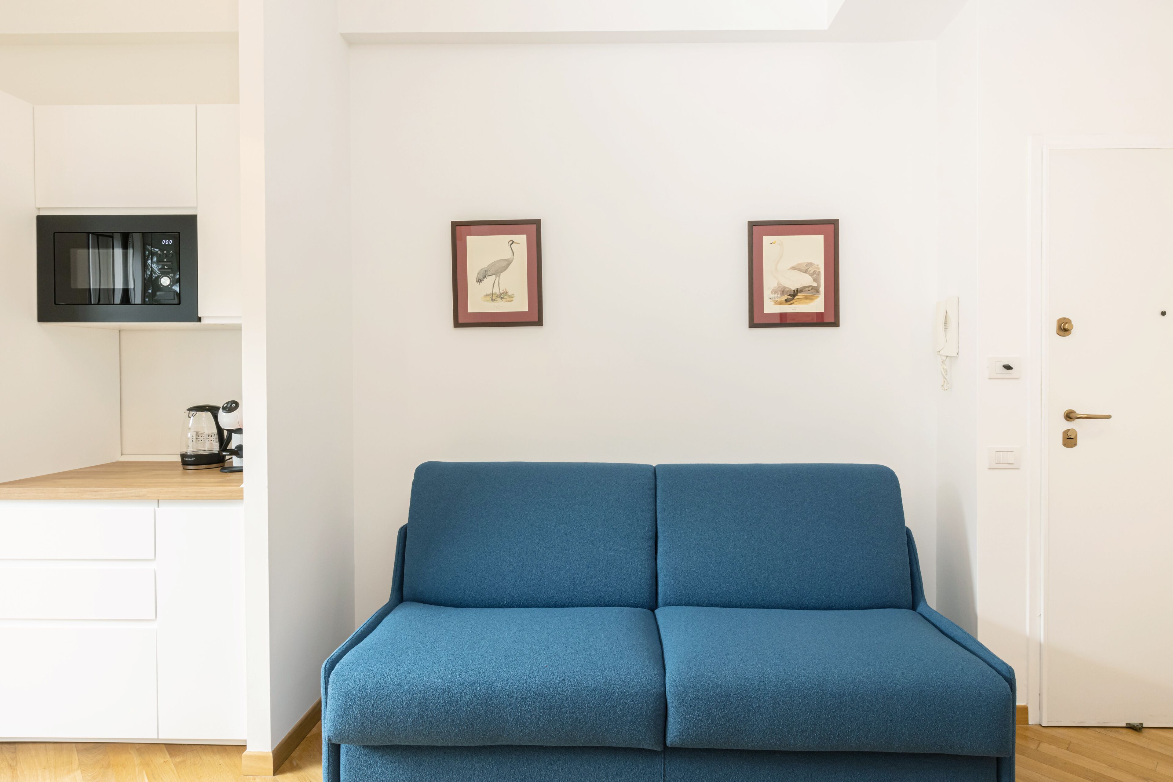 A modern living room with a blue sofa, a white door, and two framed pictures on the wall.