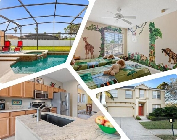 Une maison moderne dotée d’une piscine, d’une cuisine, d’une chambre à coucher ornée d’une fresque représentant une girafe et d’un jardin à l’avant.