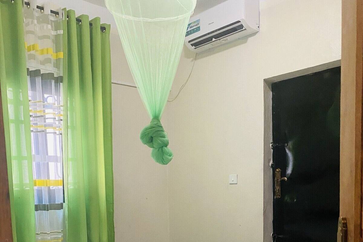 A room with a bed, a green curtain, a hanging mosquito net, and a closed door.