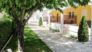 A pathway lined with neatly trimmed hedges and a tree, leading to a building with a yellow facade and white columns. - Apartment Tino by Interhome (Zadar/Sukošan)