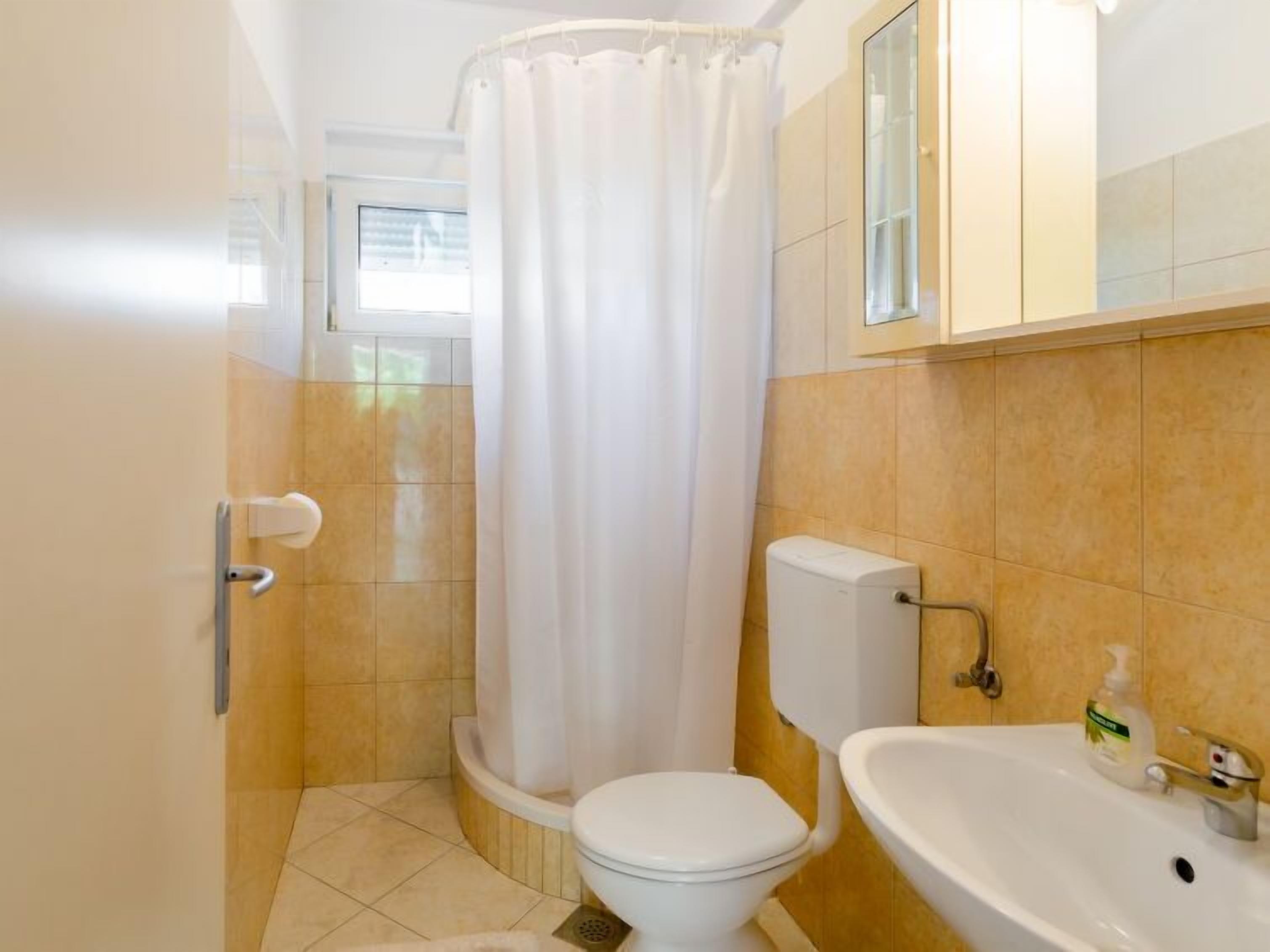 Une salle de bain avec douche, toilettes et lavabo.