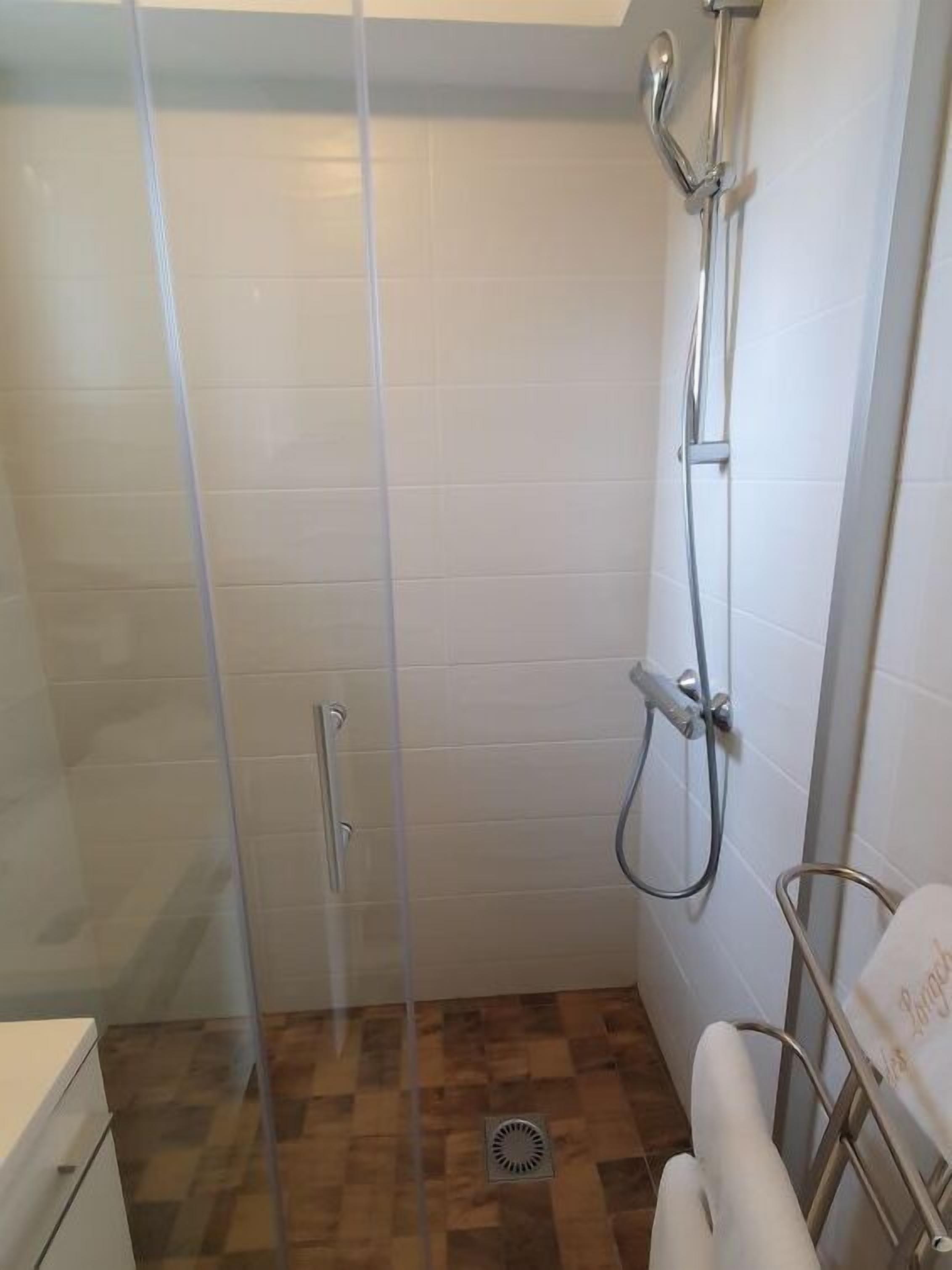 A shower area with a glass door, a showerhead, and a metal towel rack.
