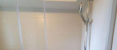 A shower area with a glass door, a showerhead, and a metal towel rack.