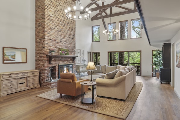 Smart TV, fireplace, books